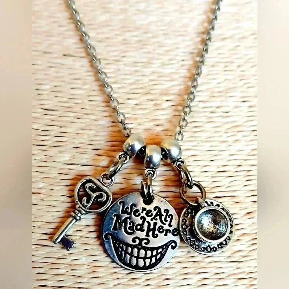 Alice in wonderland charm cat smile tea cup key magic charm jewelry Necklace